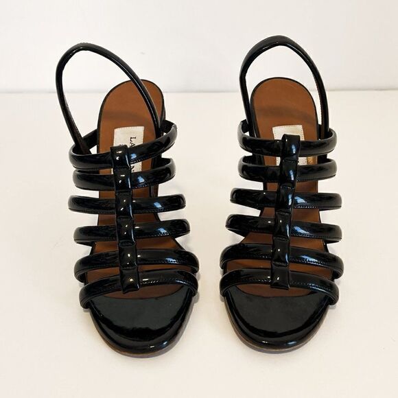 Lanvin Black Patent Leather Strappy Cone Heel Sandals - Picture 2 of 7